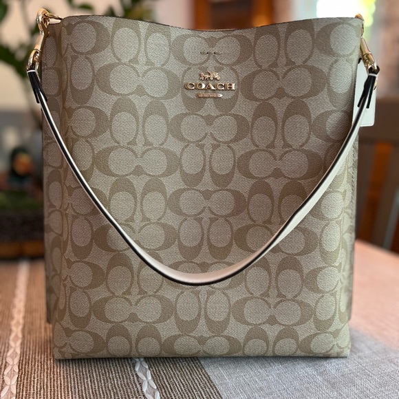 Coach Handbags - Coach Signature Canvas Shoulder Bag Beige Tan Leather Trim Purse